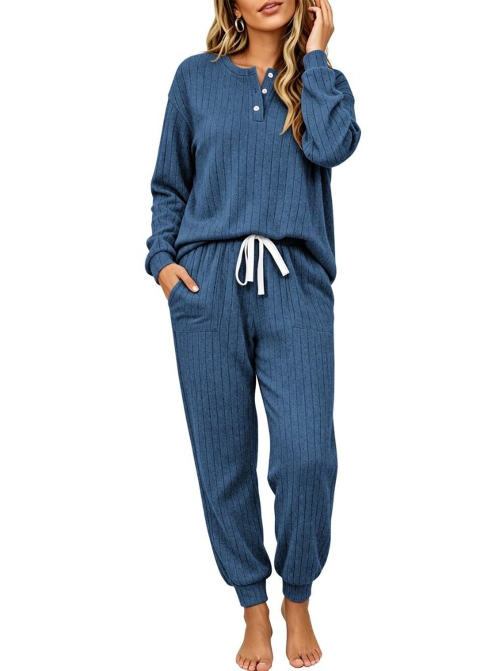 Womens Pajamas Set Knit Pjs Long Sleeve Lounge Set Soft Loungewear